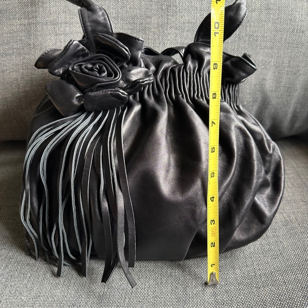 Vintage Ashneil Black Nappa Leather Rosette Fringe Slouchy Handbag Shoulder Bag - Picture 6 of 10